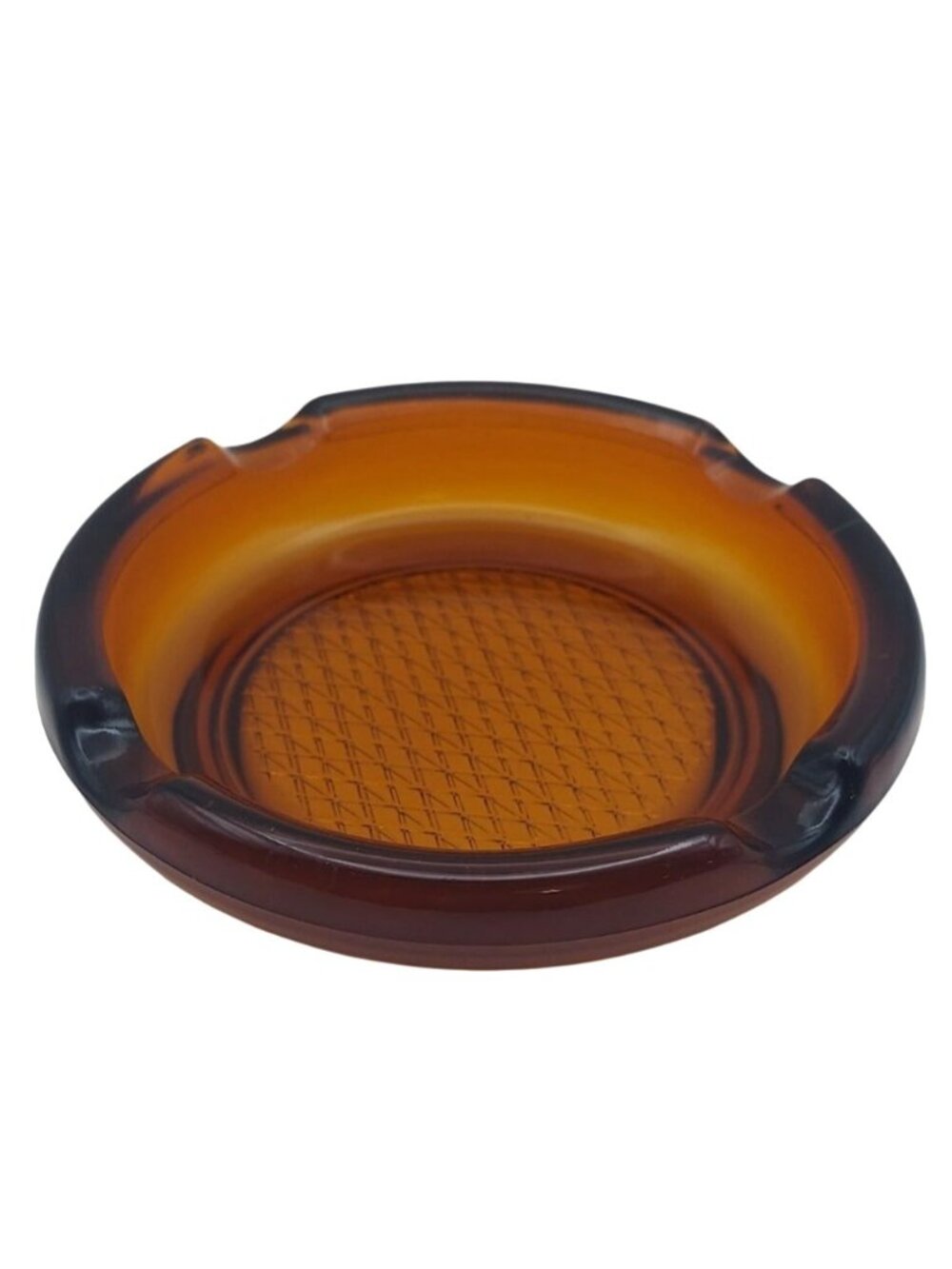 Glass Ashtray Cigar Cigarette Grooves Amber Waffle Bottom Round Vintage MCM 60s